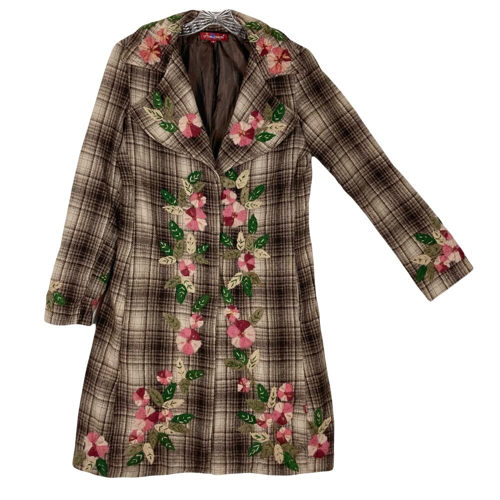 UTTAM LONDON Coat Women S Vintage Y2K Wool Plaid Floral-Appliqué Pocket Snaps